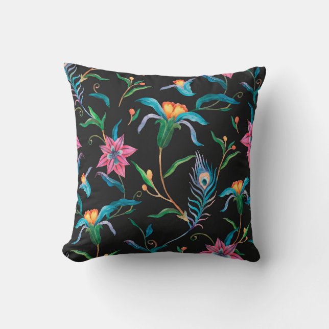 Colourful floral pattern, bold and vibrant throw p cushion (Front)