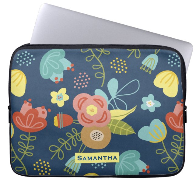 Colourful Floral Pattern Dark Blue Personalised Laptop Sleeve (Front)