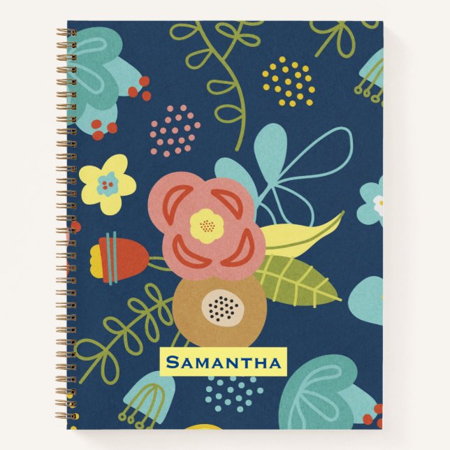 Colourful Floral Pattern Dark Blue Personalised Notebook (Front)