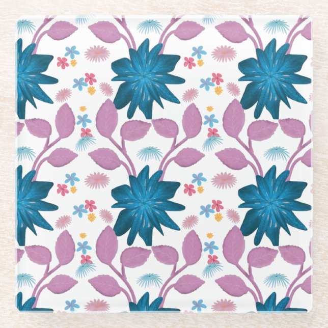 Colourful floral pattern  glass coaster (Front)