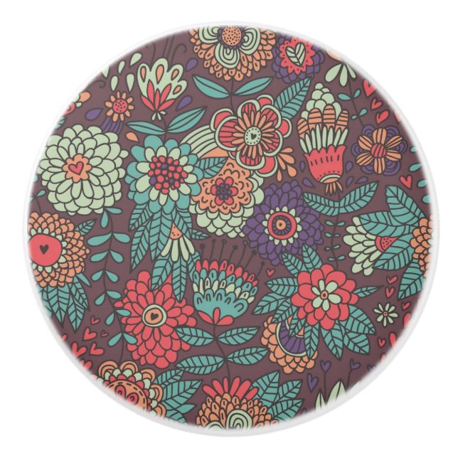 Colourful floral pattern in cartoon style ceramic knob (Front)