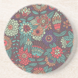 Colourful floral pattern in cartoon style coaster