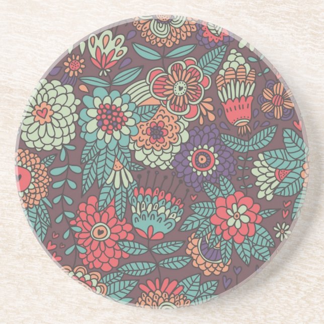 Colourful floral pattern in cartoon style coaster (Front)