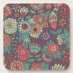 Colourful floral pattern in cartoon style coaster