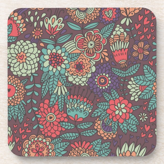 Colourful floral pattern in cartoon style coaster (Front)