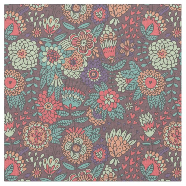 Colourful floral pattern in cartoon style fabric (Close Up)
