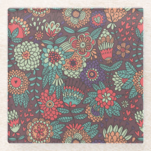 Colourful floral pattern in cartoon style glass coaster