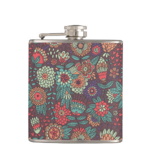 Colourful floral pattern in cartoon style hip flask