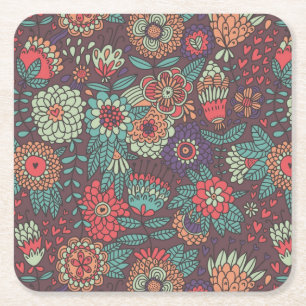 Colourful floral pattern in cartoon style square paper coaster