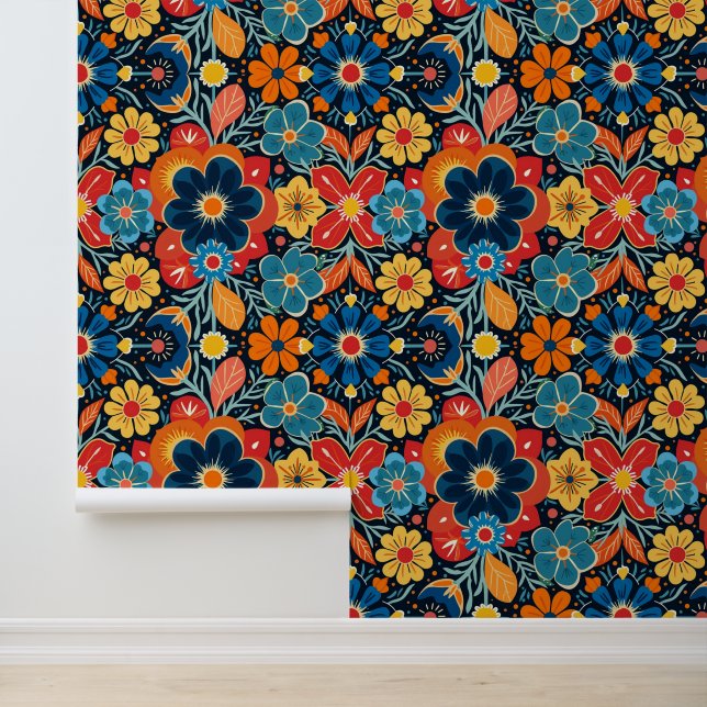 Colourful Floral Pattern on Dark Background Wallpaper (Application)