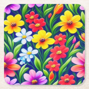 Colourful floral pattern square paper coaster
