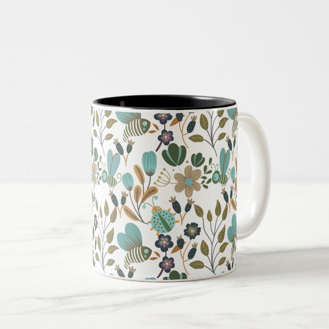 Colourful Floral Pattern Two-Tone Coffee Mug (Front Right)