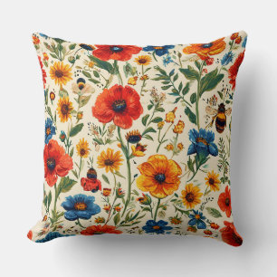 Colourful Floral Pattern With Bees Cushion