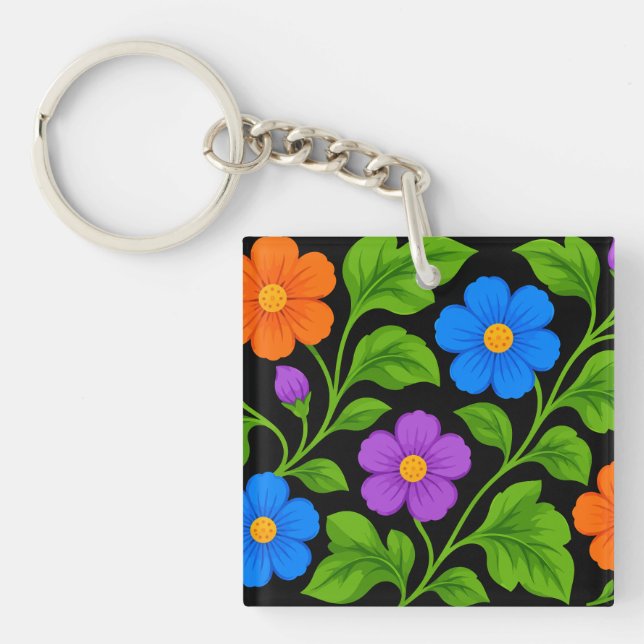 Colourful Floral Pattern with Green Foliage Key Ring (Front)