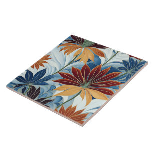 Colourful Floral Pattern With Leaves and Blooms Ceramic Tile
