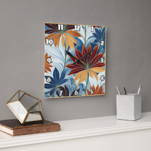 Colourful Floral Pattern With Leaves and Blooms Square Wall Clock