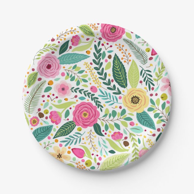 Colourful floral pattern with pink, yellow paper plate (Front)