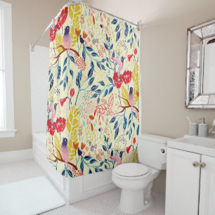 Colourful floral pattern with poppies and birds shower curtain