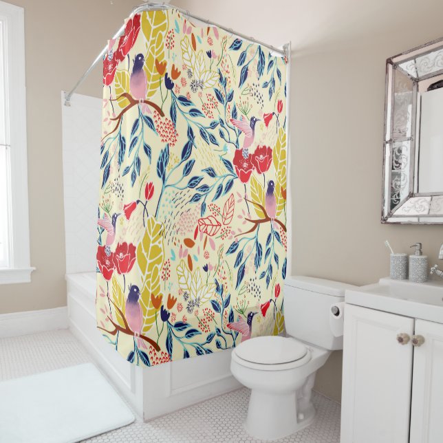 Colourful floral pattern with poppies and birds shower curtain (In Situ)