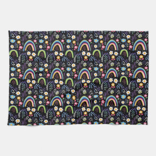Colourful Floral Pattern with Rainbows and Trees Tea Towel