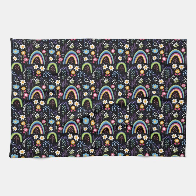 Colourful Floral Pattern with Rainbows and Trees Tea Towel (Horizontal)
