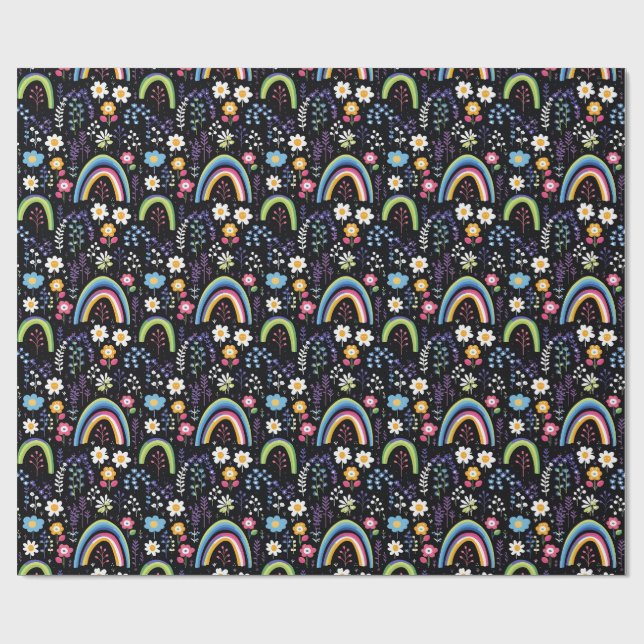 Colourful Floral Pattern with Rainbows and Trees Wrapping Paper (Flat)