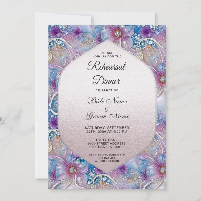Colourful Floral Pearly Gems Rehearsal Dinner Invitation (Front)