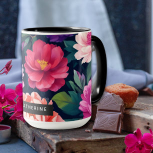 Colourful Floral Peony Vibrant Bright Flowers Name Mug