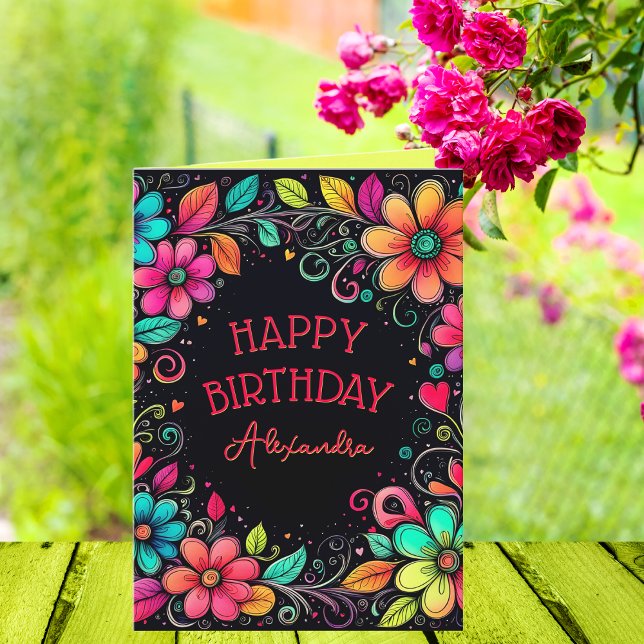 Colourful Floral Personalised Birthday  Card (A cute, colorful personalized card with a retro vibe!)