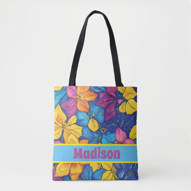 Colourful Floral Personalised Name Colourful Flora Tote Bag (Front)