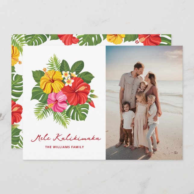 Colourful Floral Photo Mele Kalikimaka Hawaiian Holiday Card (Front/Back)