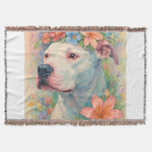 Colourful Floral Pit Bull Portrait All-Over Print Throw Blanket