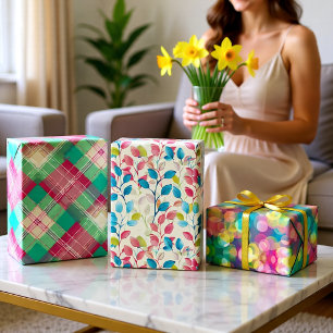 Colourful Floral Plaid Celebration Set of 3 Wrapping Paper Sheet
