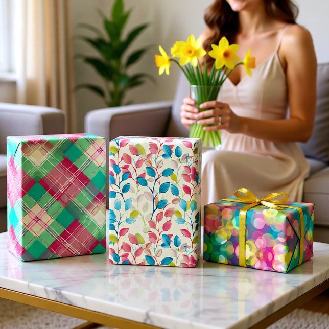 Colourful Floral Plaid Celebration Set of 3 Wrapping Paper Sheet (Colorful Floral Plaid Celebration Set of 3 Wrapping Paper Sheets)