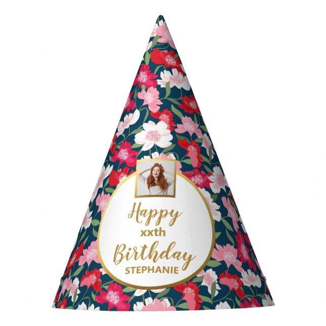 Colourful Floral Print Custom Photo Happy Birthday Party Hat (Front)