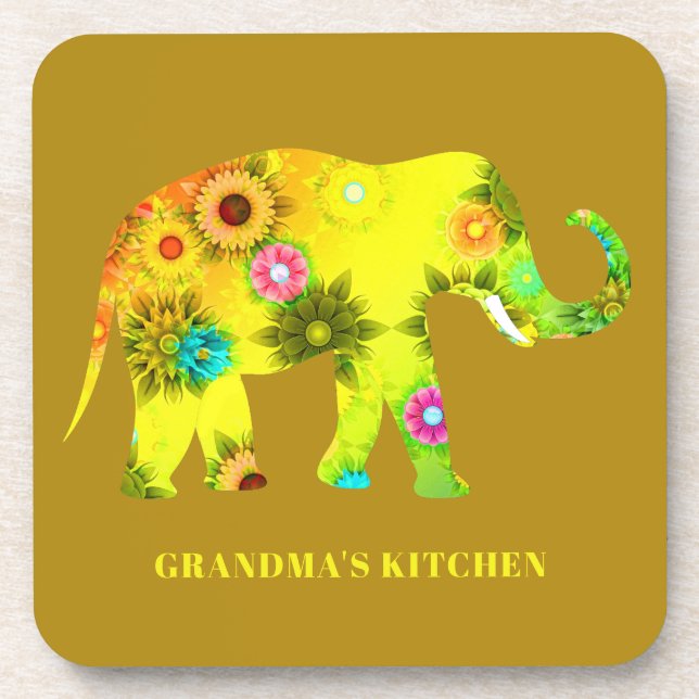 Colourful Floral Psychedelic Elephant Coaster (Front)