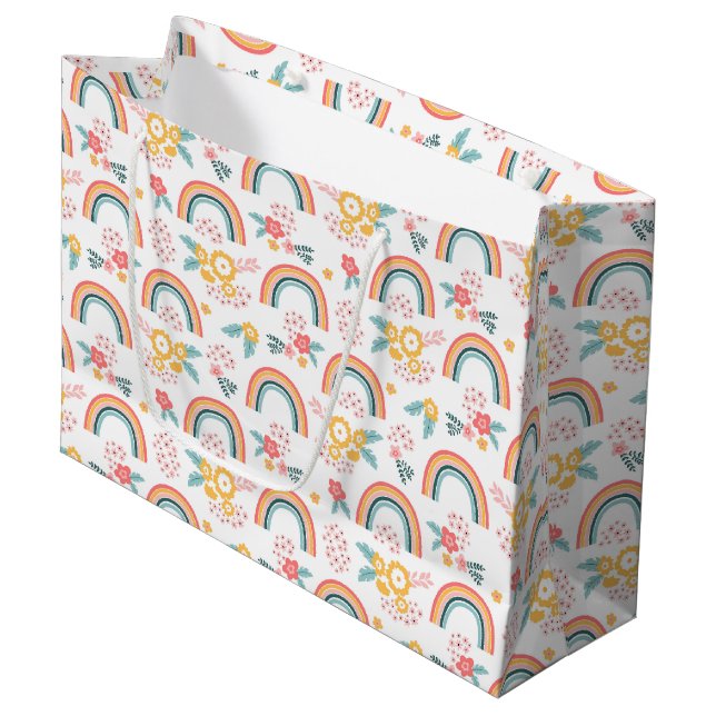 Colourful Floral Rainbow Pattern Large Gift Bag (Front Angled)