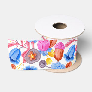 Colourful floral ribbon featuring illustrations satin ribbon