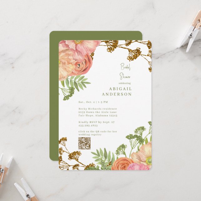 Colourful Floral Rounded Green Bridal Shower  Invitation (Front/Back In Situ)