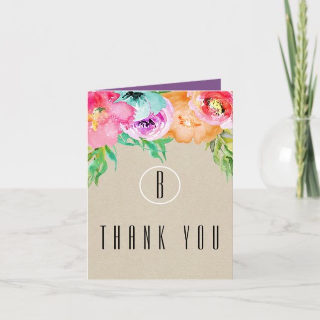 Colourful Floral Rustic Modern Kraft Thank You Card (Front)