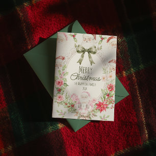 Colourful Floral Santa Clause Green Bow Christmas Holiday Card