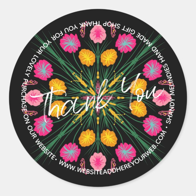 Colourful Floral Script Business Thank You   Classic Round Sticker (Front)