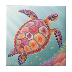 Colourful Floral Sea Turtle Underwater Ocean Ceramic Tile
