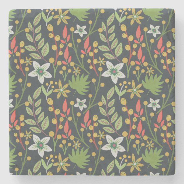 Colourful floral seamless pattern flowers and leav stone coaster (Front)