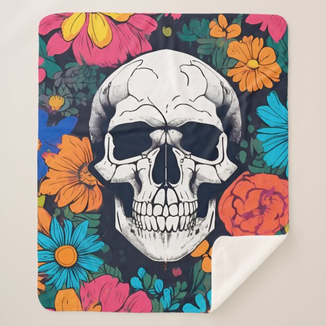 Colourful, Floral Skull Art Sherpa Blanket (Front)