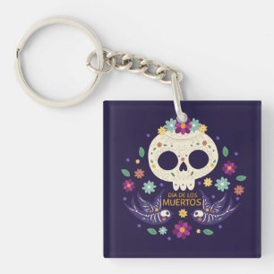 Colourful Floral Skull Dia de Muertos   Keychain
