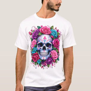 Colourful Floral Skull PNG Pink Purple & Turquoi T-Shirt