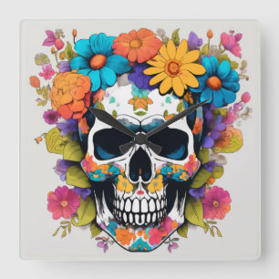 Colourful Floral Skull Square Wall Clock