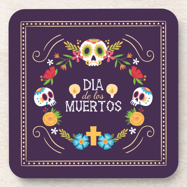 Colourful Floral Skulls Dia de Muertos | Coaster (Front)