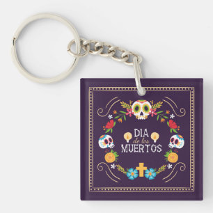 Colourful Floral Skulls Dia de Muertos   Keychain